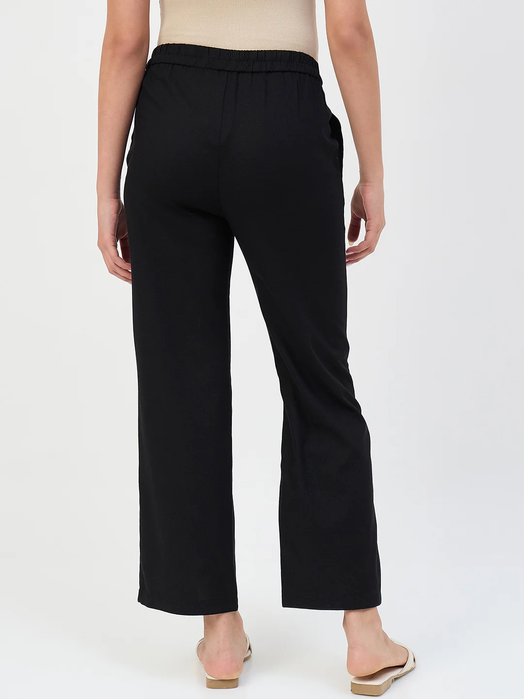 Madame Black Elastic Waist Linen-Blend Trousers - Image 6