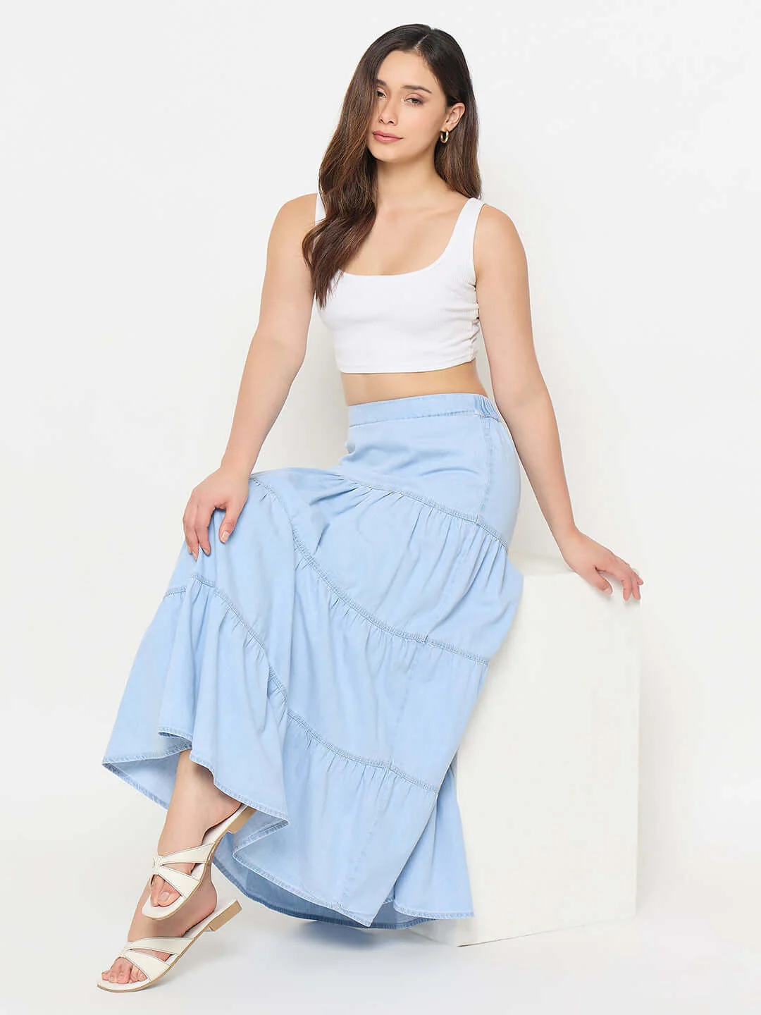 Madame Tiered Denim Long Skirt - Image 3