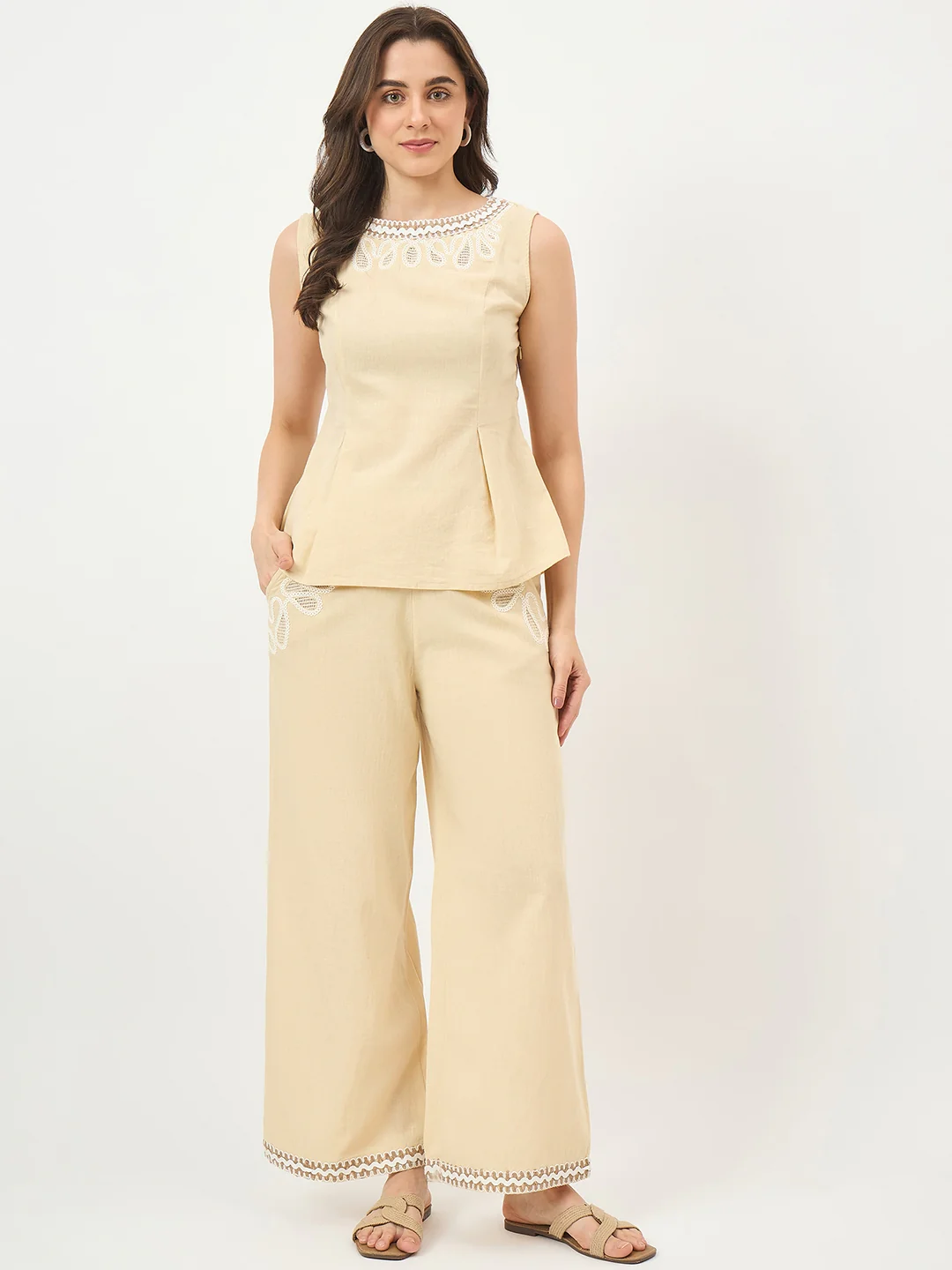Madame Beige Embroidered Co-ord Set