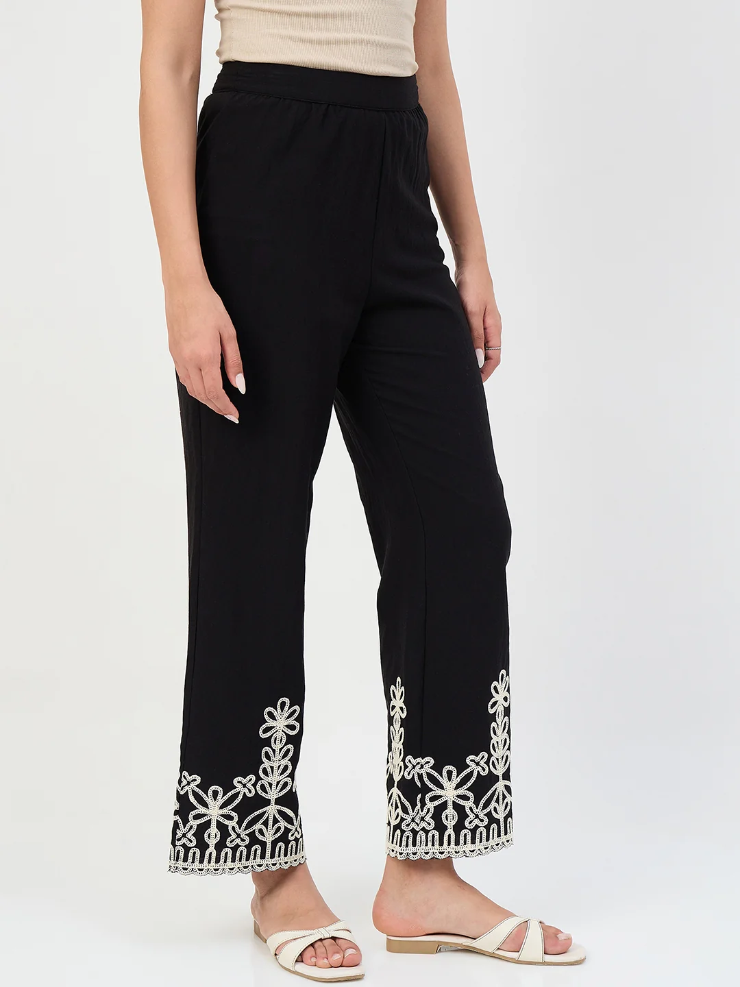 Madame Black Embroidered Cotton-Blend Trousers - Image 4
