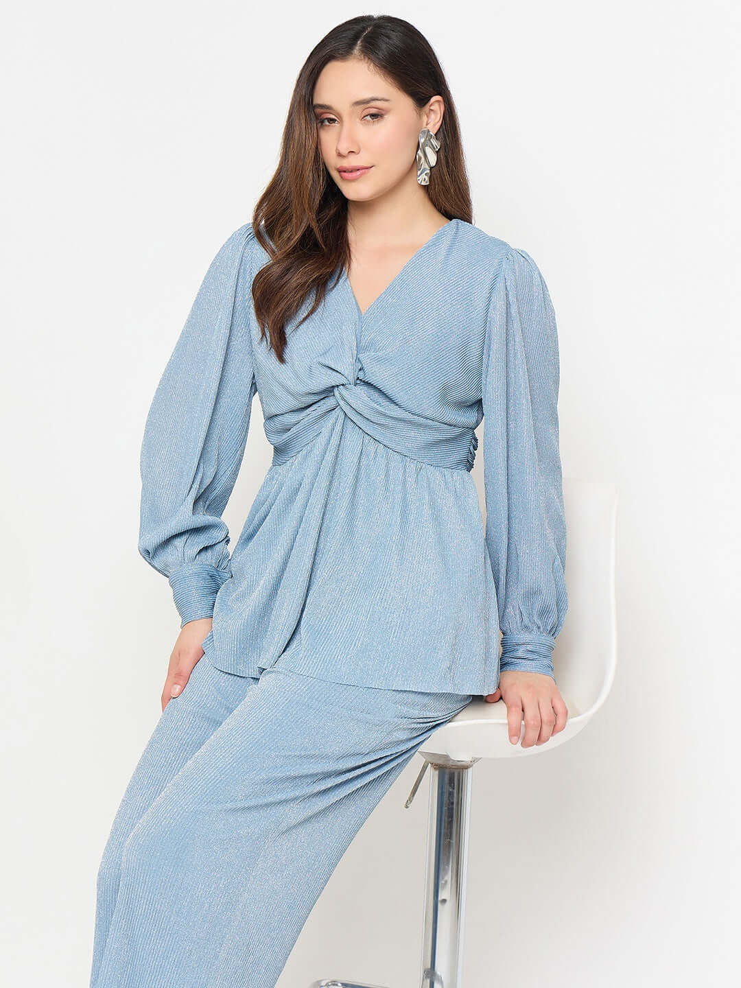 Madame Surplice Neck Blue Co-ord Set - Image 3