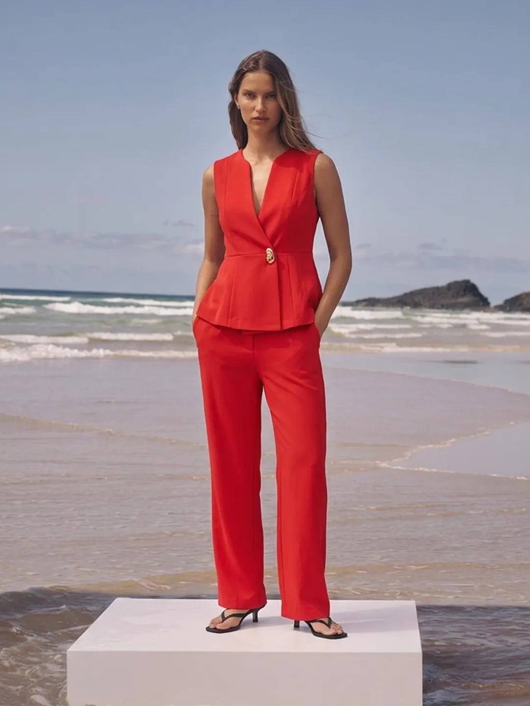 Madame Red Tailored Vestcoat Co-Ord Set for Women