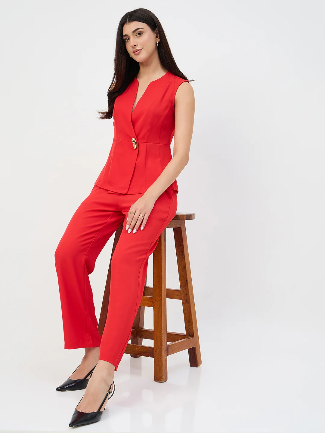 Madame Red Tailored Vestcoat Co-Ord Set for Women - Image 3