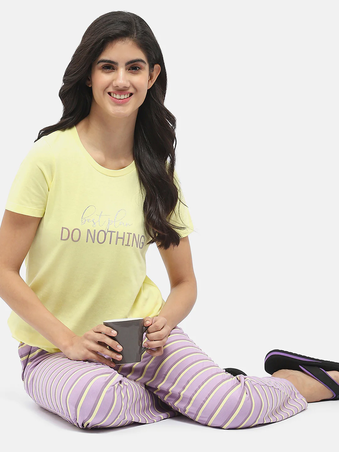 Msecret Typography T-Shirt With Striped Pajama Lime Green Nightsuit - Image 2
