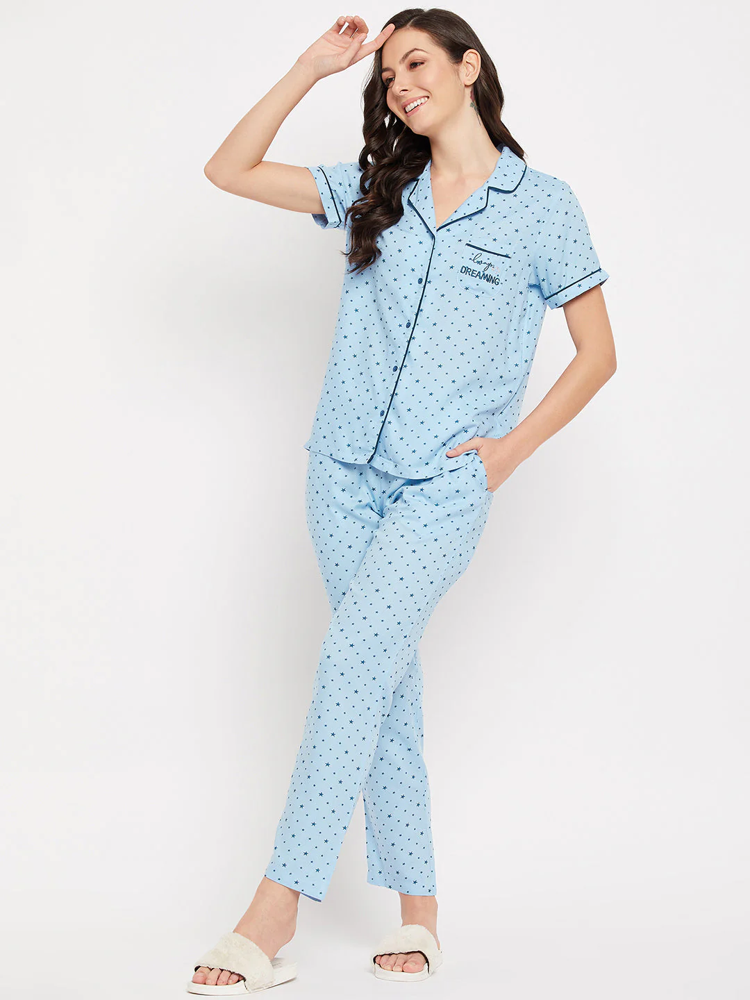 mSECRET Lapel Collar Star Printed Cotton Nightsuit - Image 3