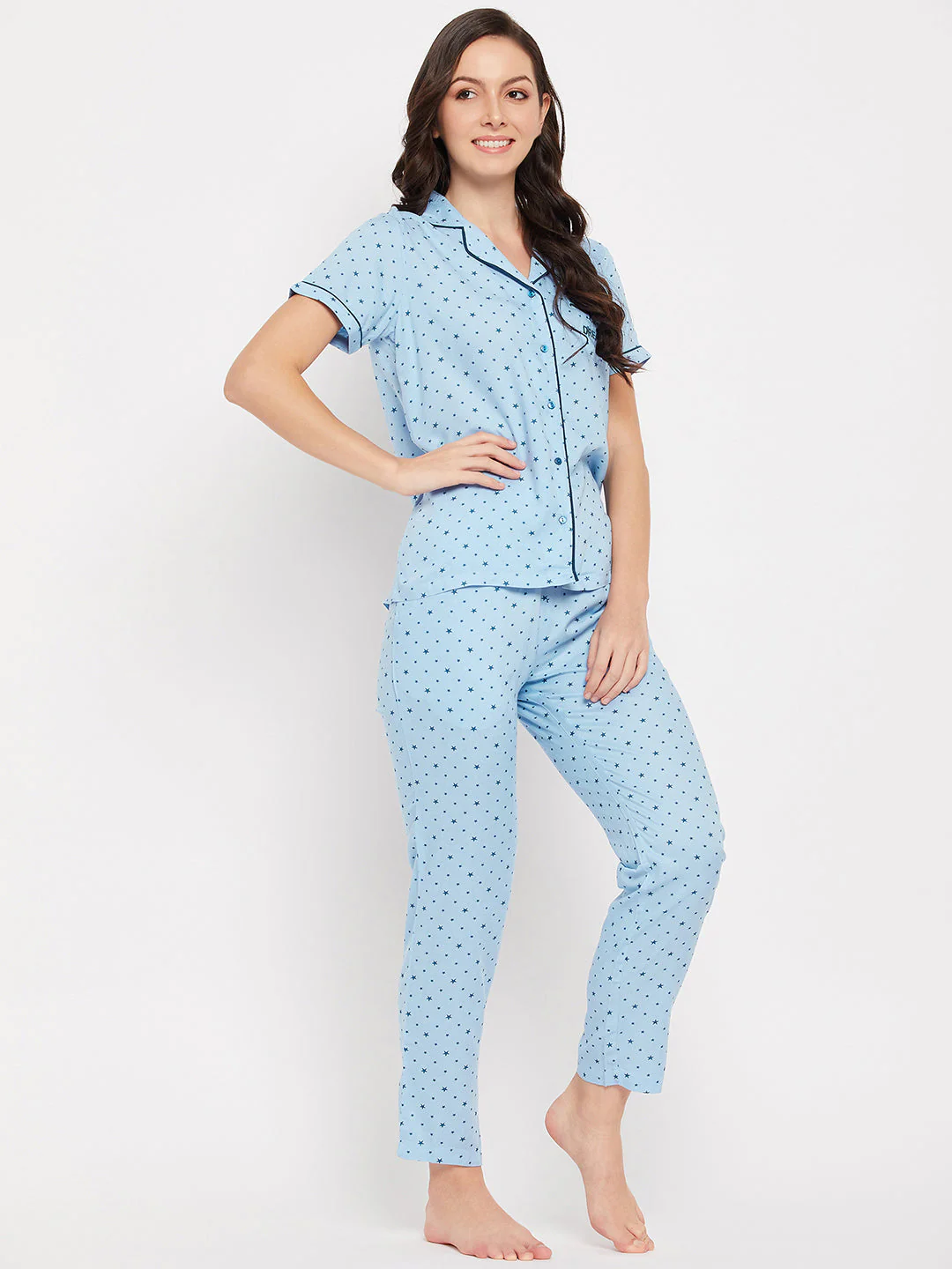 mSECRET Lapel Collar Star Printed Cotton Nightsuit - Image 4