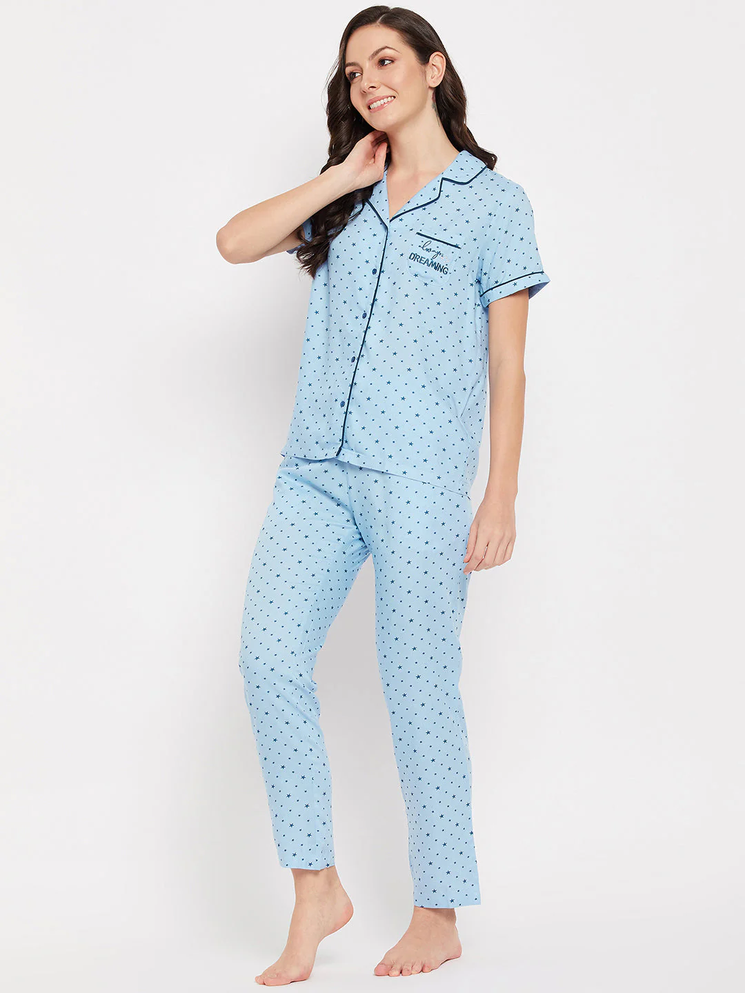 mSECRET Lapel Collar Star Printed Cotton Nightsuit - Image 5