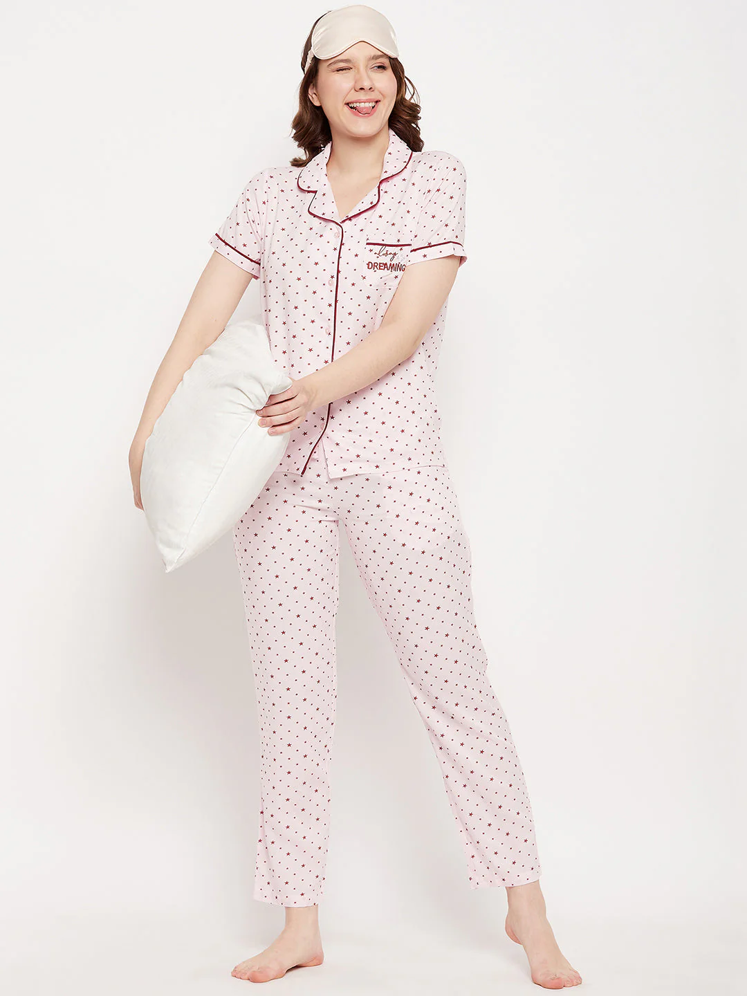 mSECRET Pink Star Printed Lapel Collared Nightsuit - Image 2