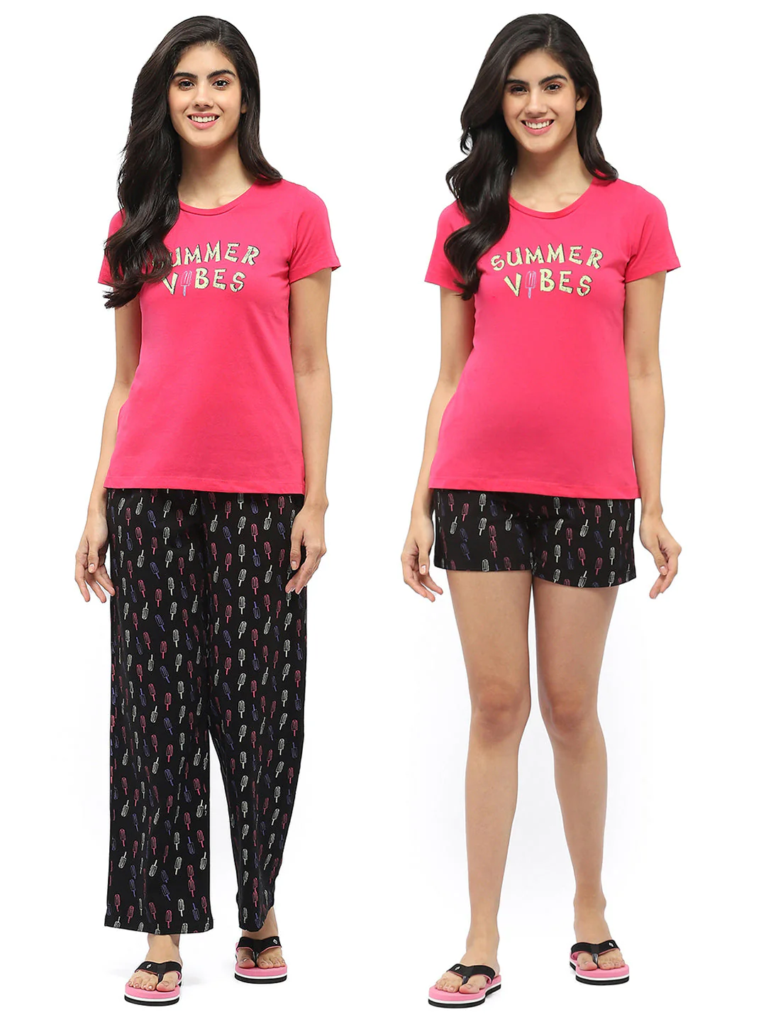 mSECRET Hot Pink T-shirt with Graphic Print Pajama and Shorts Nightsuit