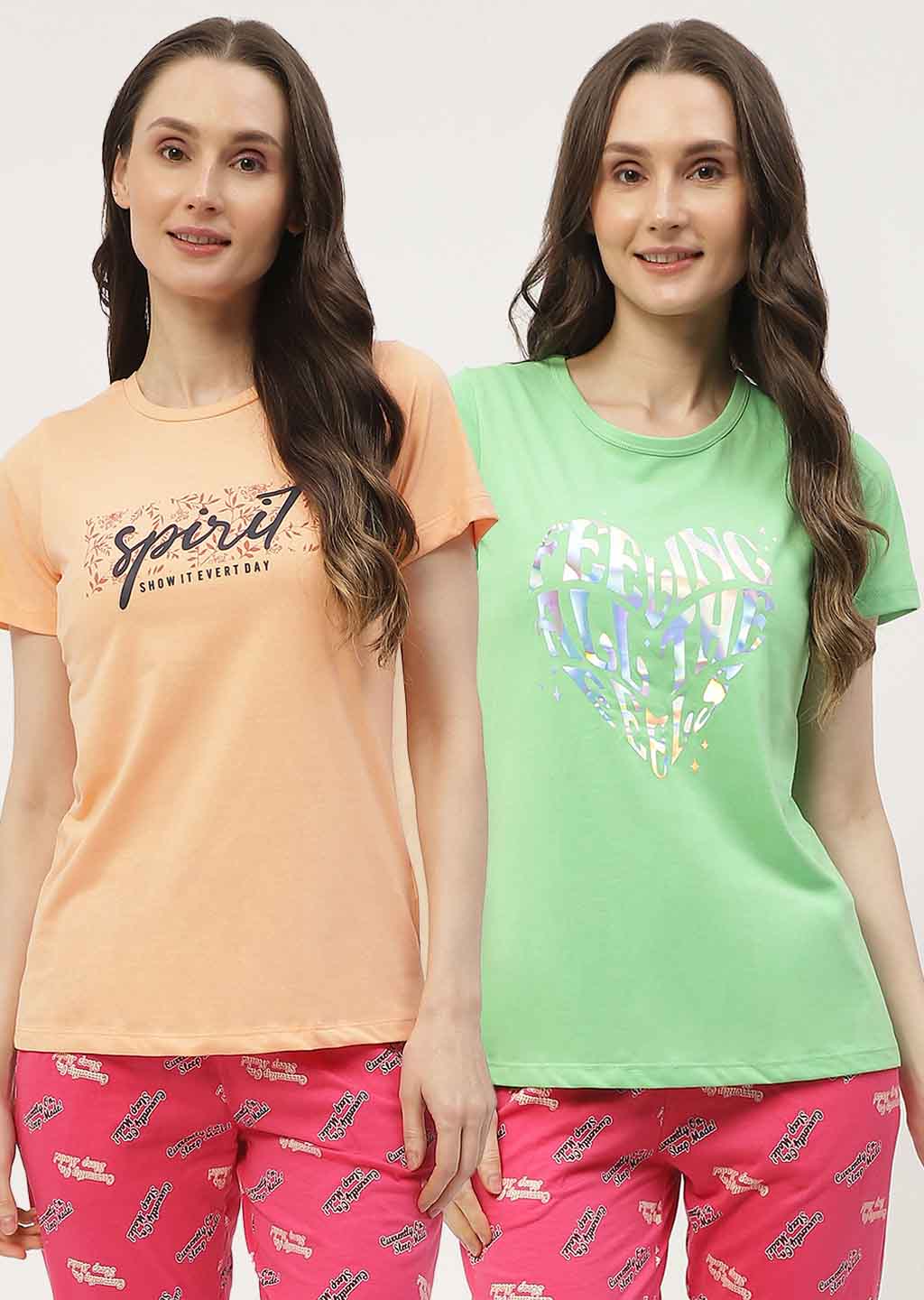 mSECRET Graphic Print Green & Peach Combo T-shirt