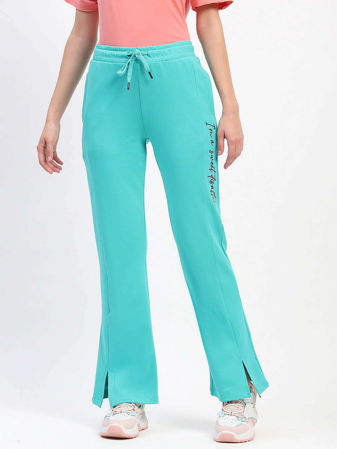 mSECRET Typography Print Front Slit Pleated Flared Green Track Bottoms - Image 2