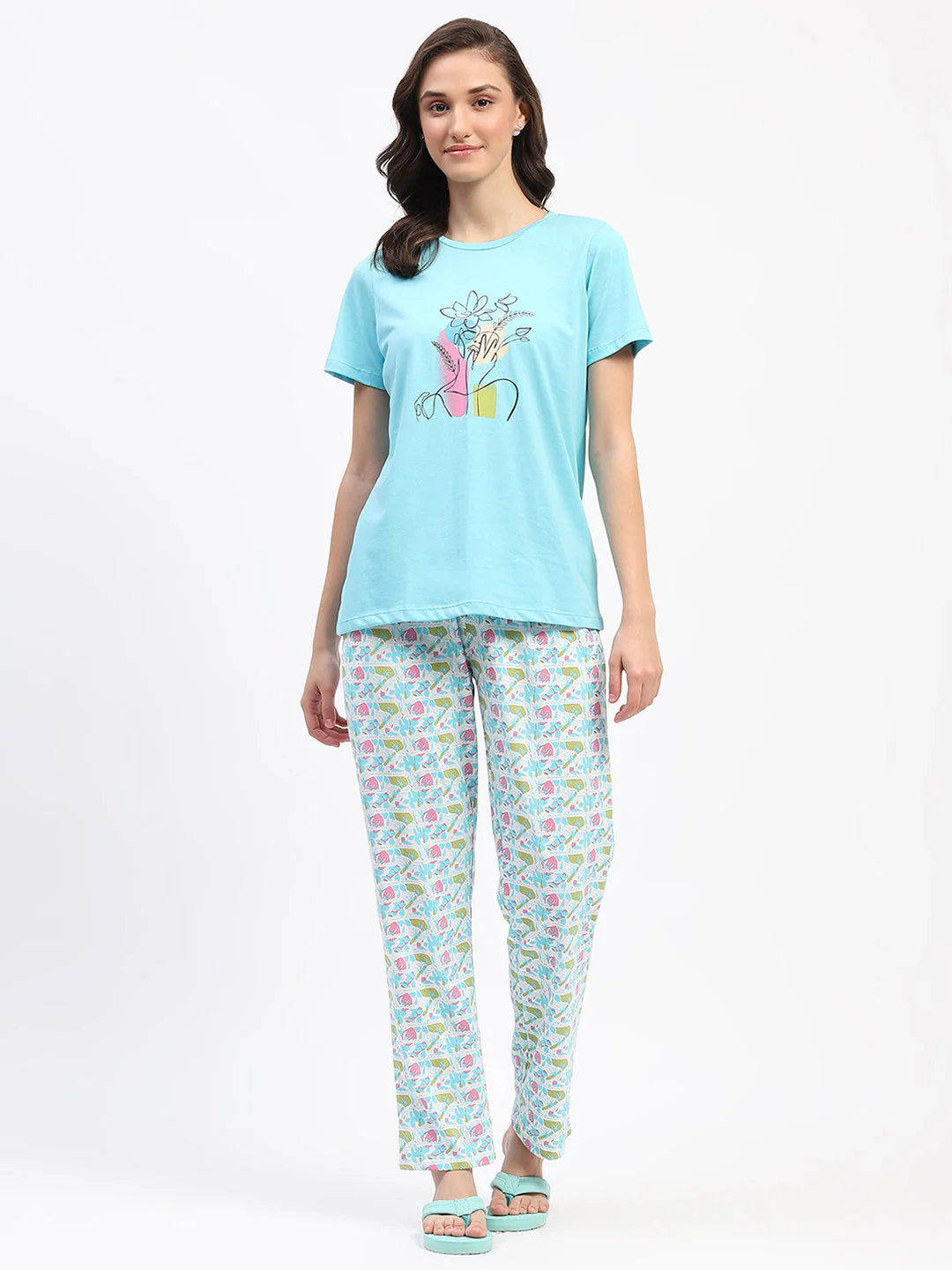 mSECRET Blue Cotton T-Shirt and Floral Print Pyjama Nightsuit - Image 3