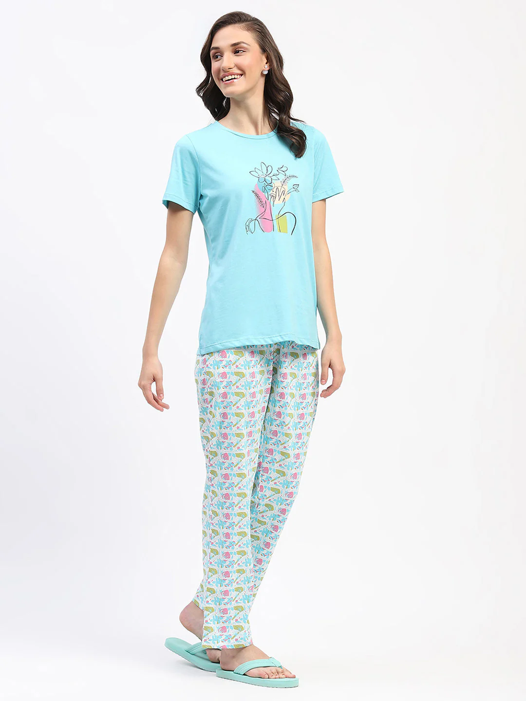 mSECRET Blue Cotton T-Shirt and Floral Print Pyjama Nightsuit - Image 4