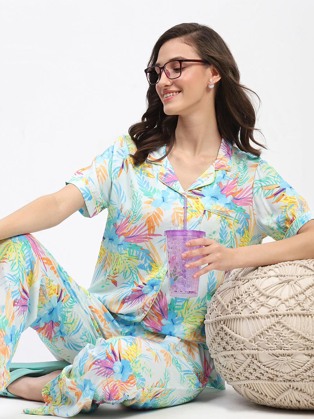 mSECRET Tropical Floral Print Sky Blue Night Suit Set - Image 2