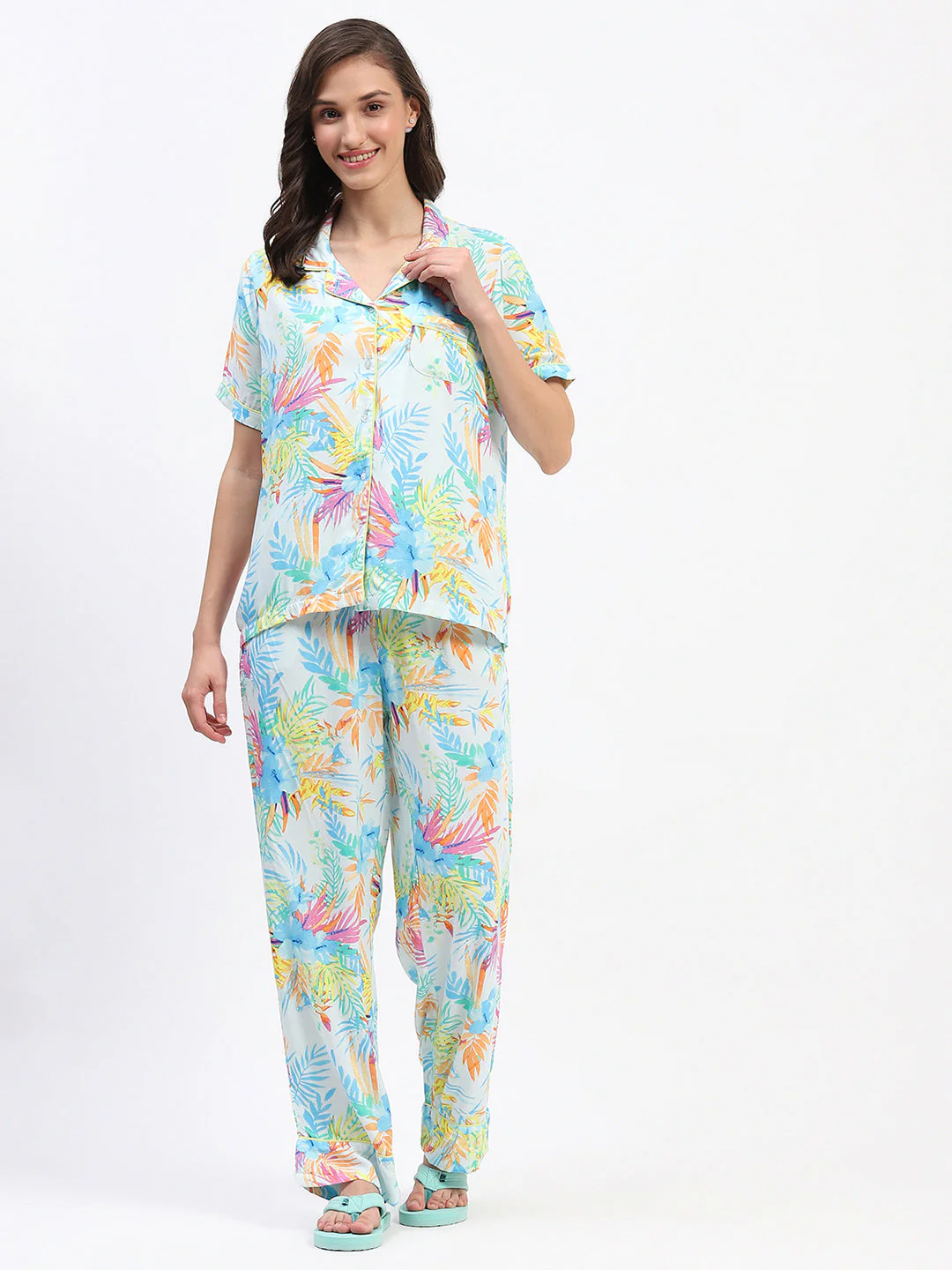 mSECRET Tropical Floral Print Sky Blue Night Suit Set - Image 3
