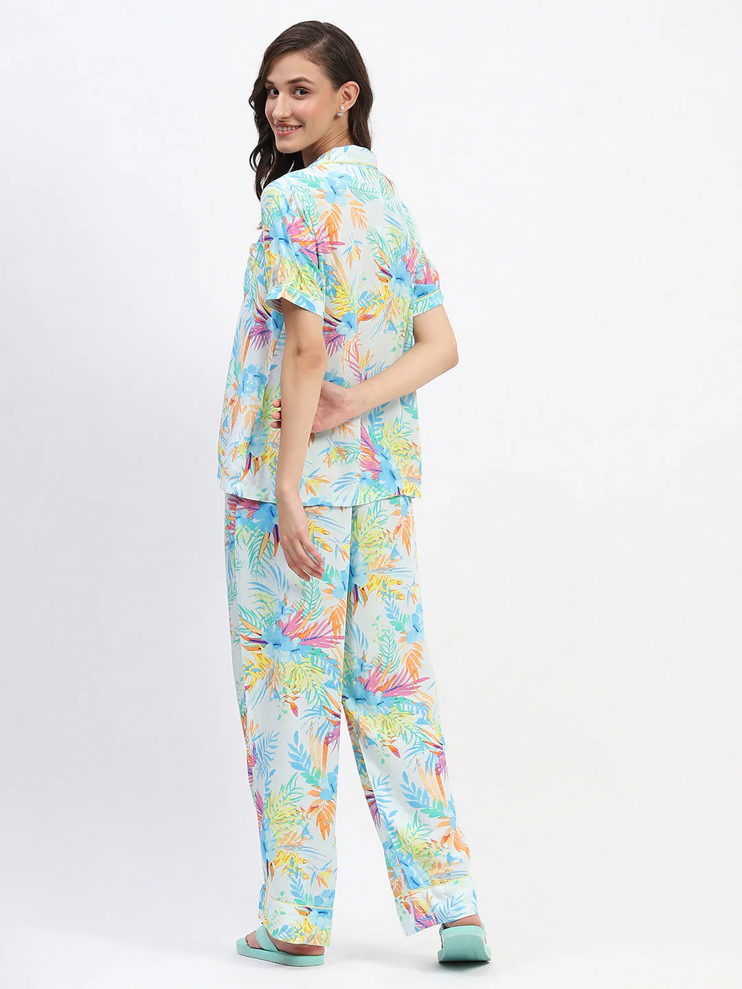 mSECRET Tropical Floral Print Sky Blue Night Suit Set - Image 6