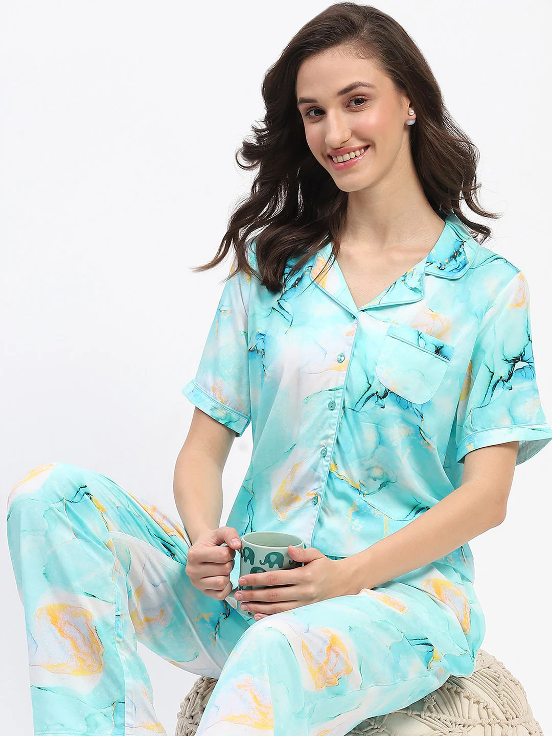 mSECRET Marble Print Button Down Aqua Night Suit - Image 2