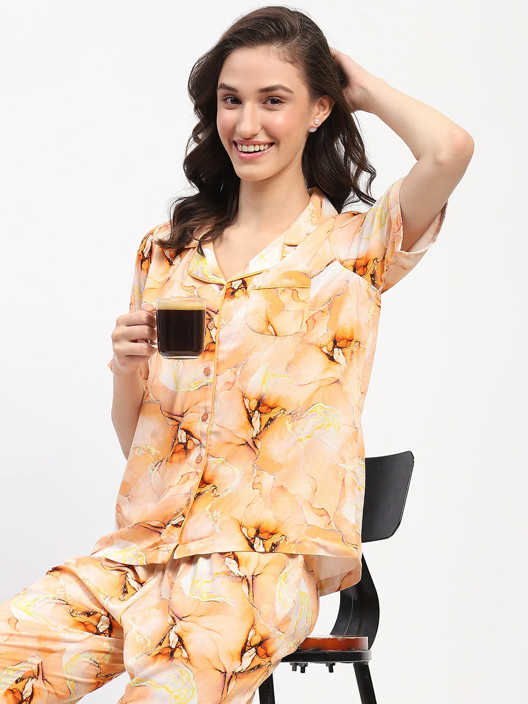 mSECRET Orange Marble Print Short Sleeve Night Suit Set - Image 2