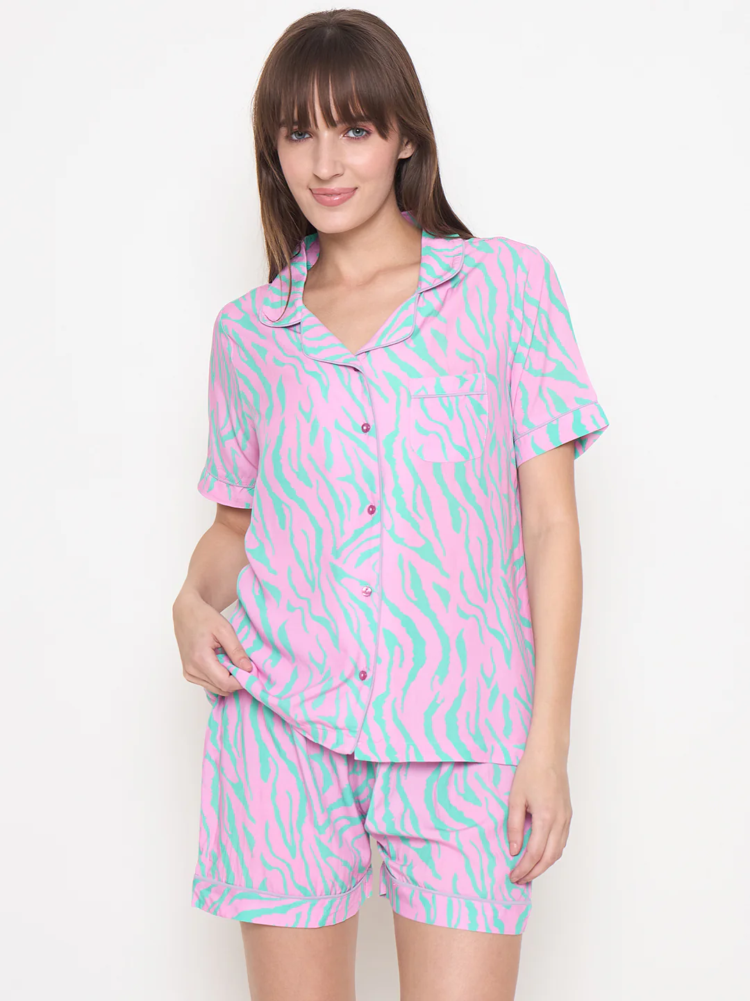 mSECRET Zebra Print and Elastic Waist Shorts Lavender Night Suit - Image 3