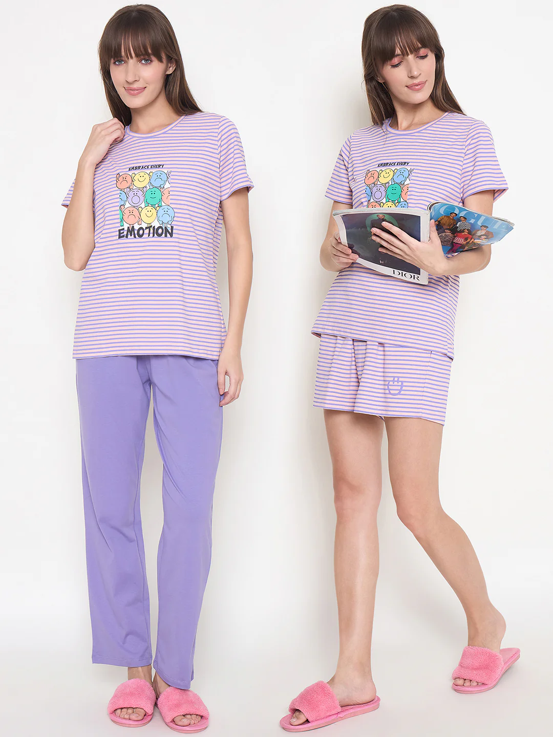 mSECRET Printed Top, Shorts and Bottoms Purple Night Suit