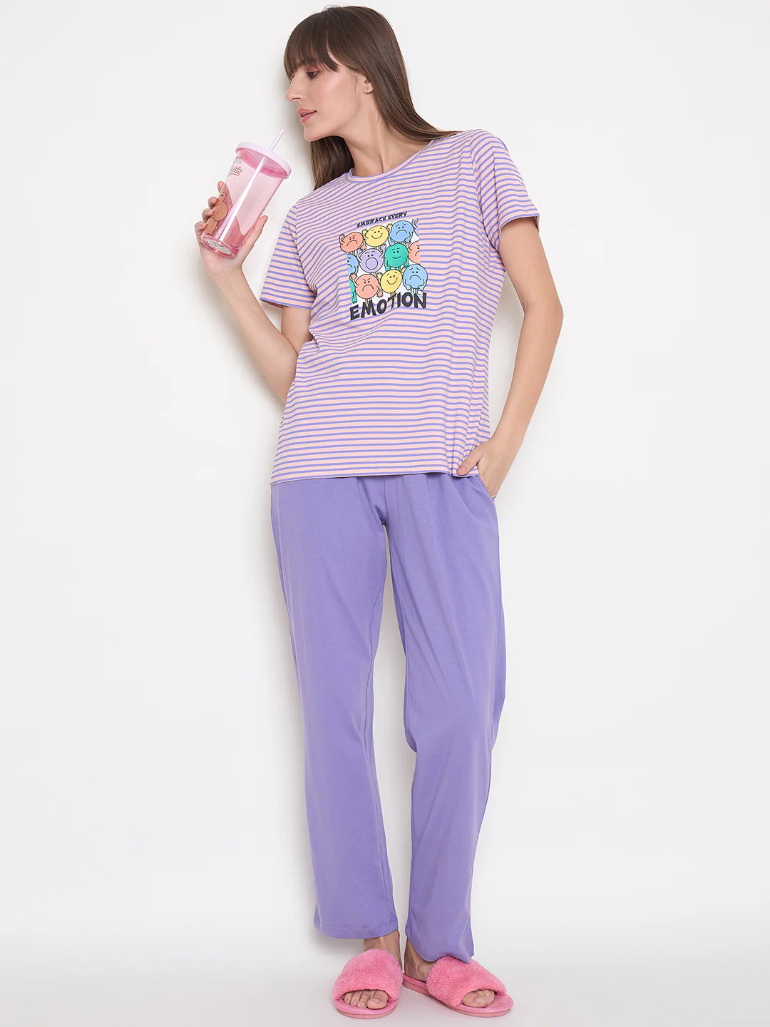 mSECRET Printed Top, Shorts and Bottoms Purple Night Suit - Image 2