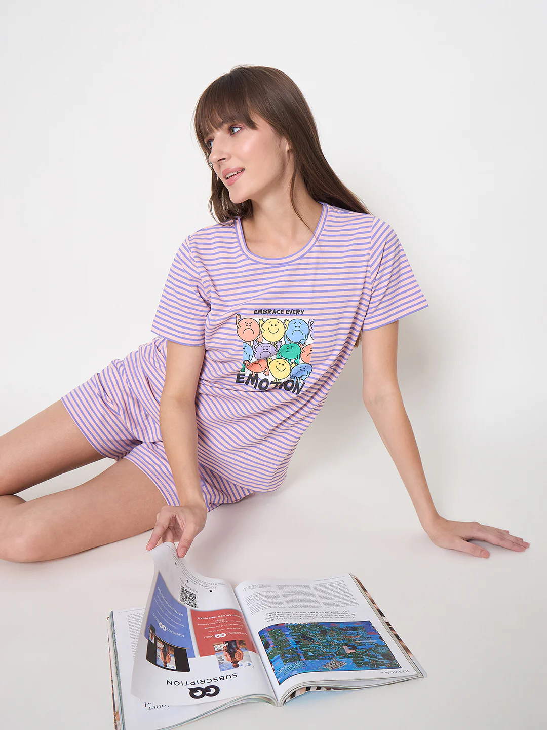 mSECRET Printed Top, Shorts and Bottoms Purple Night Suit - Image 3