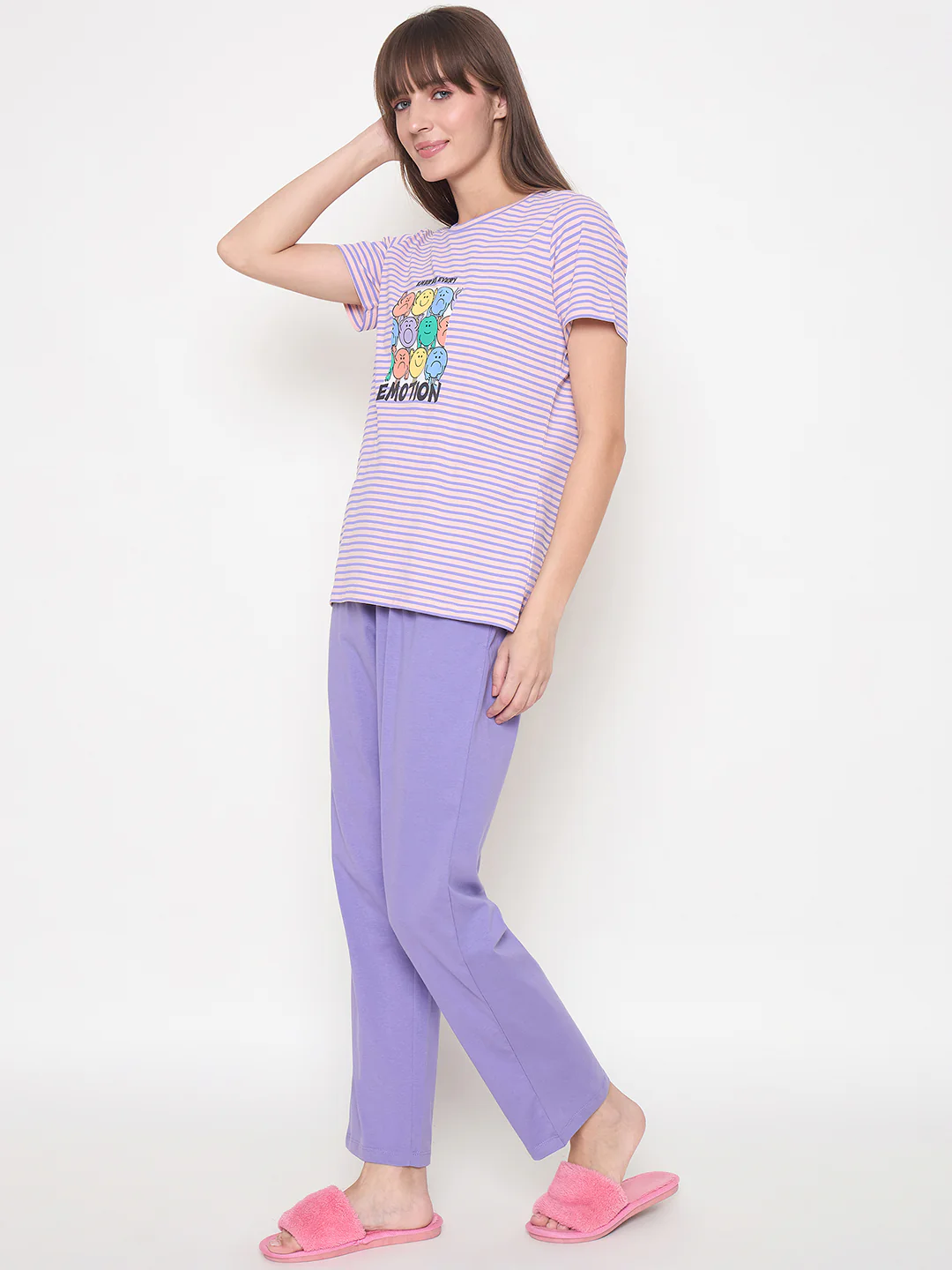 mSECRET Printed Top, Shorts and Bottoms Purple Night Suit - Image 6