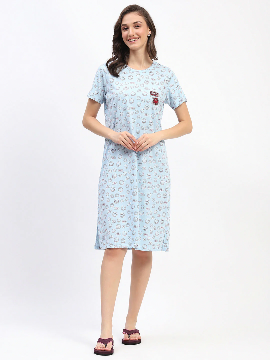 mSECRET Sky Blue Smiley Print Short-Sleeve Cotton Nightdress - Image 3