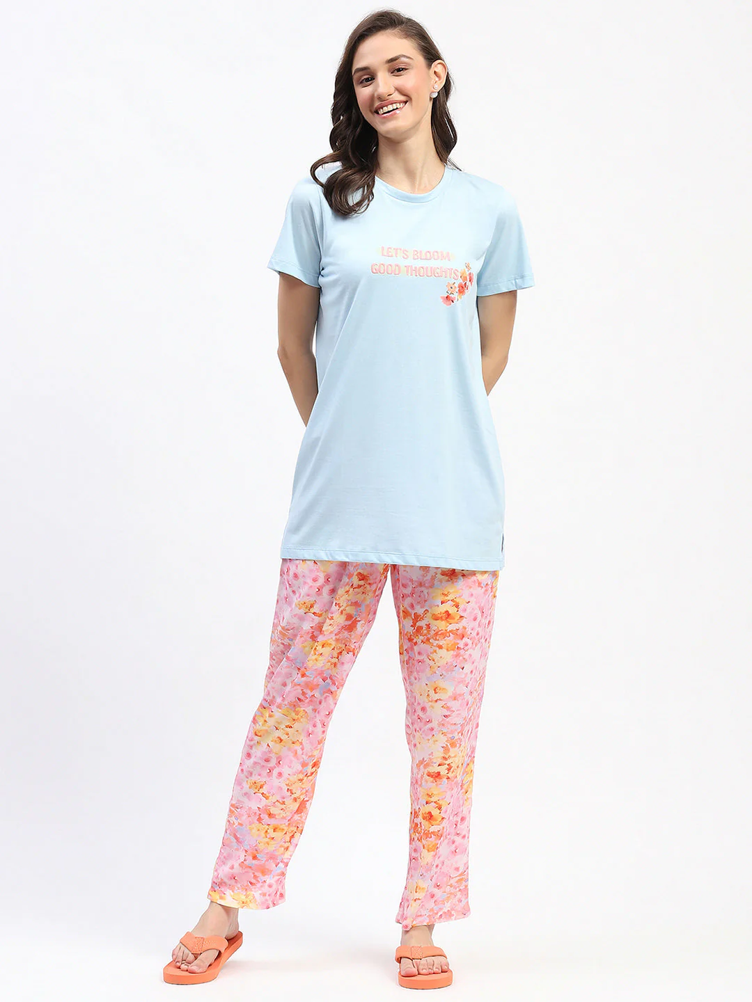 mSECRET Typography Adorned Sky Blue T-shirt with Floral Print Pyjama Nightsuit Set - Image 3