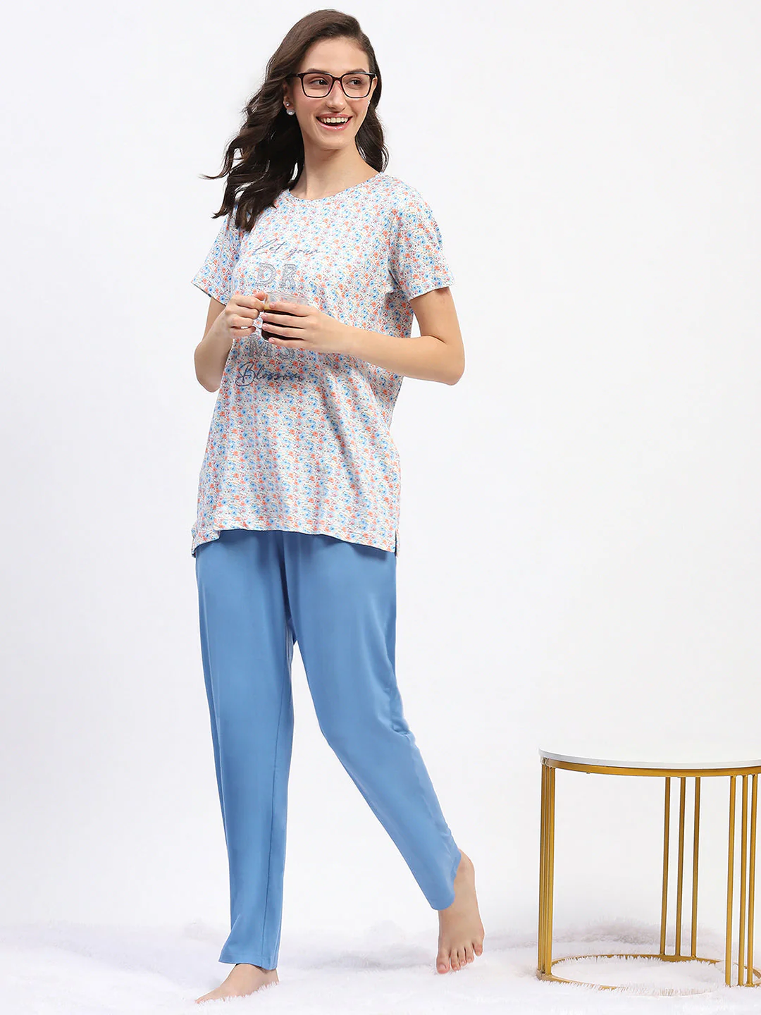mSECRET Embellished Floral Typography Printed Blue Night Suit - Image 2