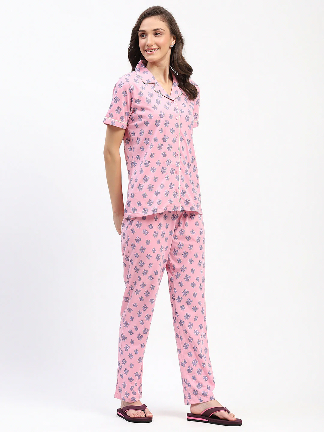 mSECRET Pink Button-Down Night Suit Set with Blue Floral Print - Image 4