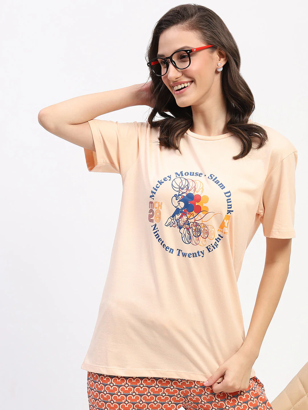 mSECRET Peach Mickey Mouse Graphic Tee and Geometric Print Cotton Nightsuit Set - Image 3