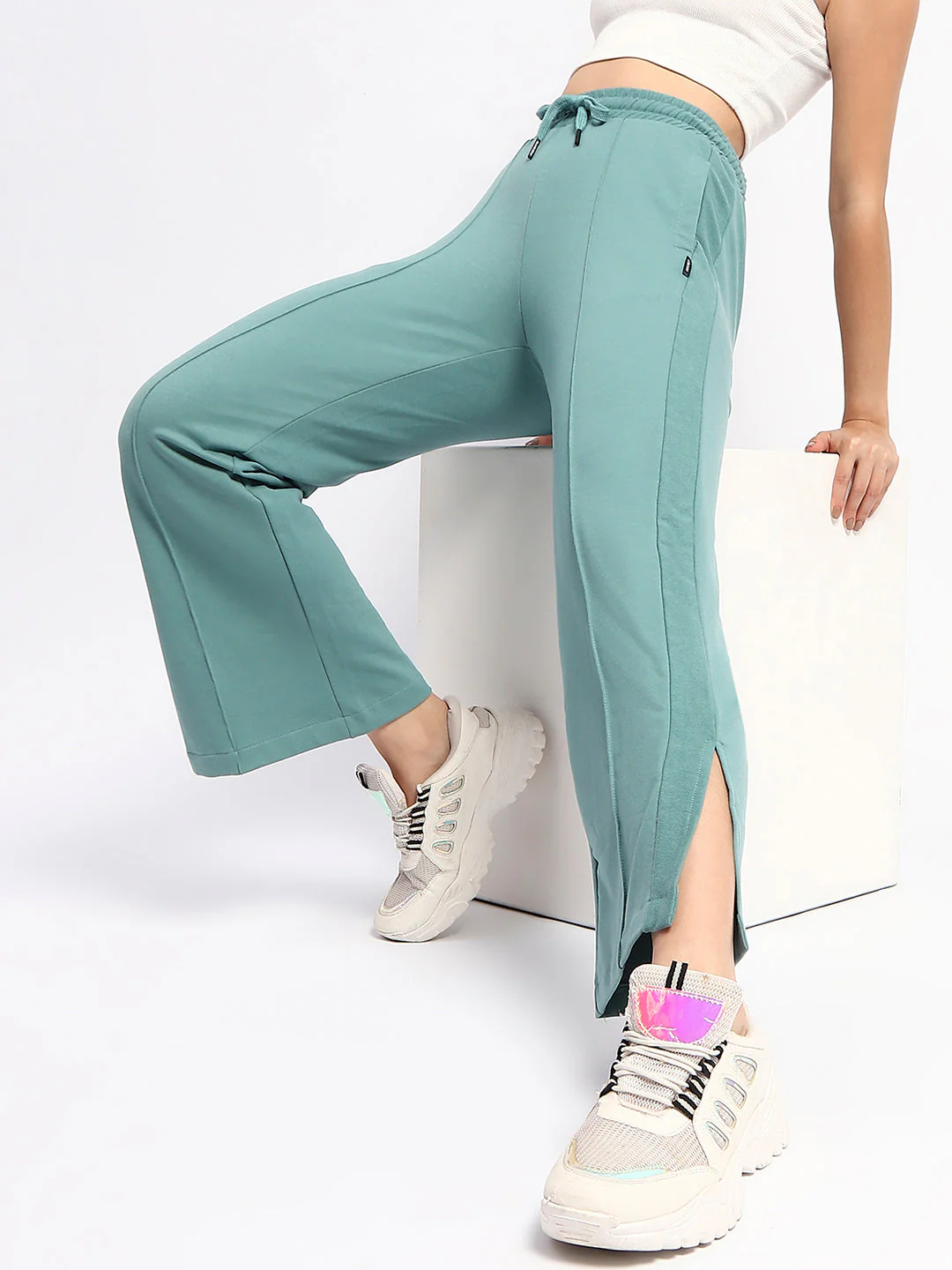 mSECRET Drawstring Waist Pleated Solid Green Bootcut Cotton Track Bottoms - Image 2