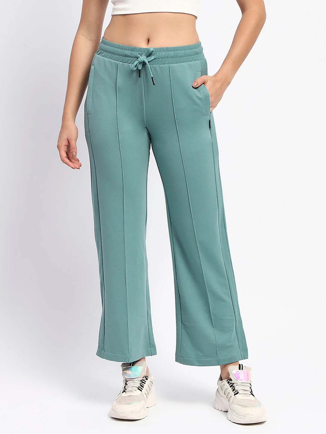 mSECRET Drawstring Waist Pleated Solid Green Bootcut Cotton Track Bottoms - Image 3