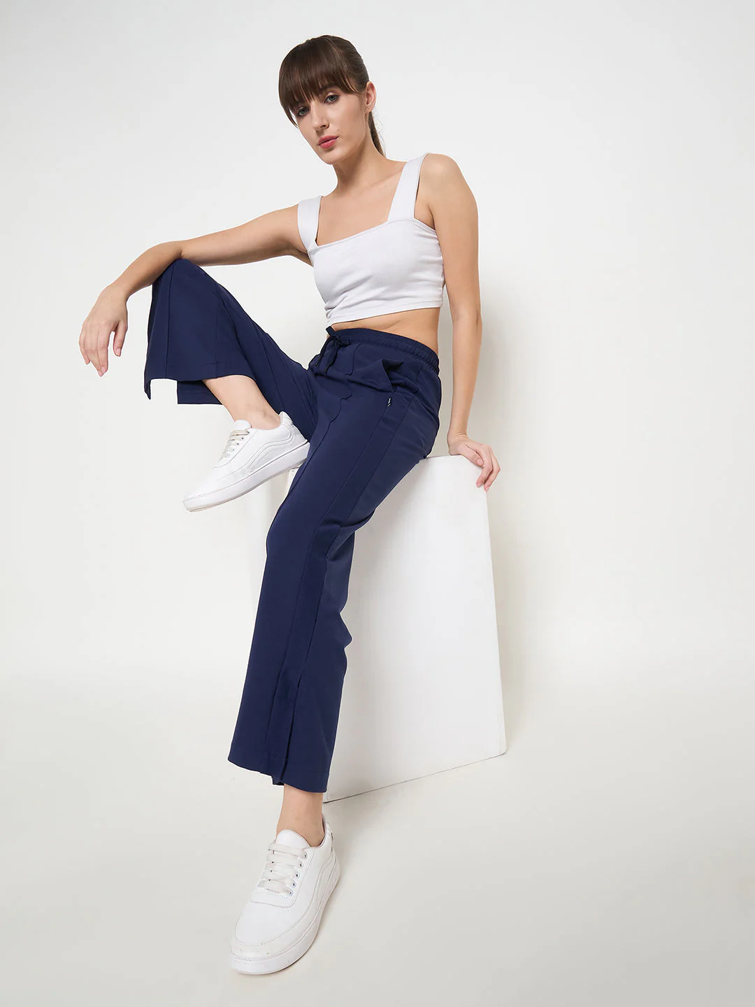 mSECRET Solid Navy Elasticated Waist Flared Loose Fit Track Bottoms