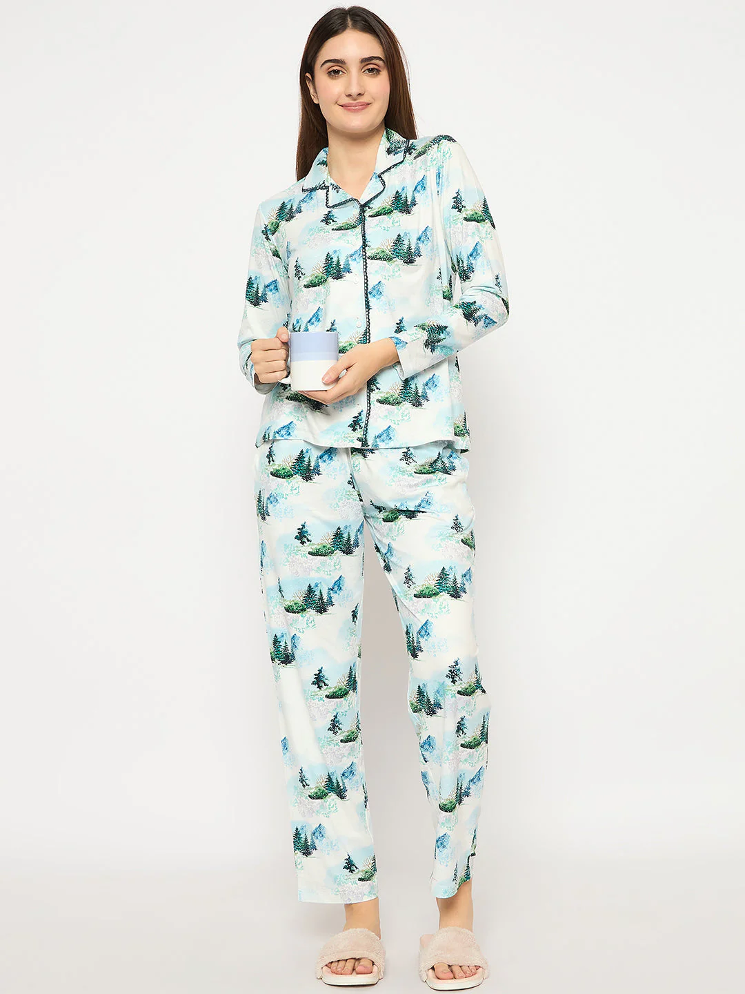 mSECRET Botanical Print Notch Lapel Top and Bottom Teal Night Suit - Image 3