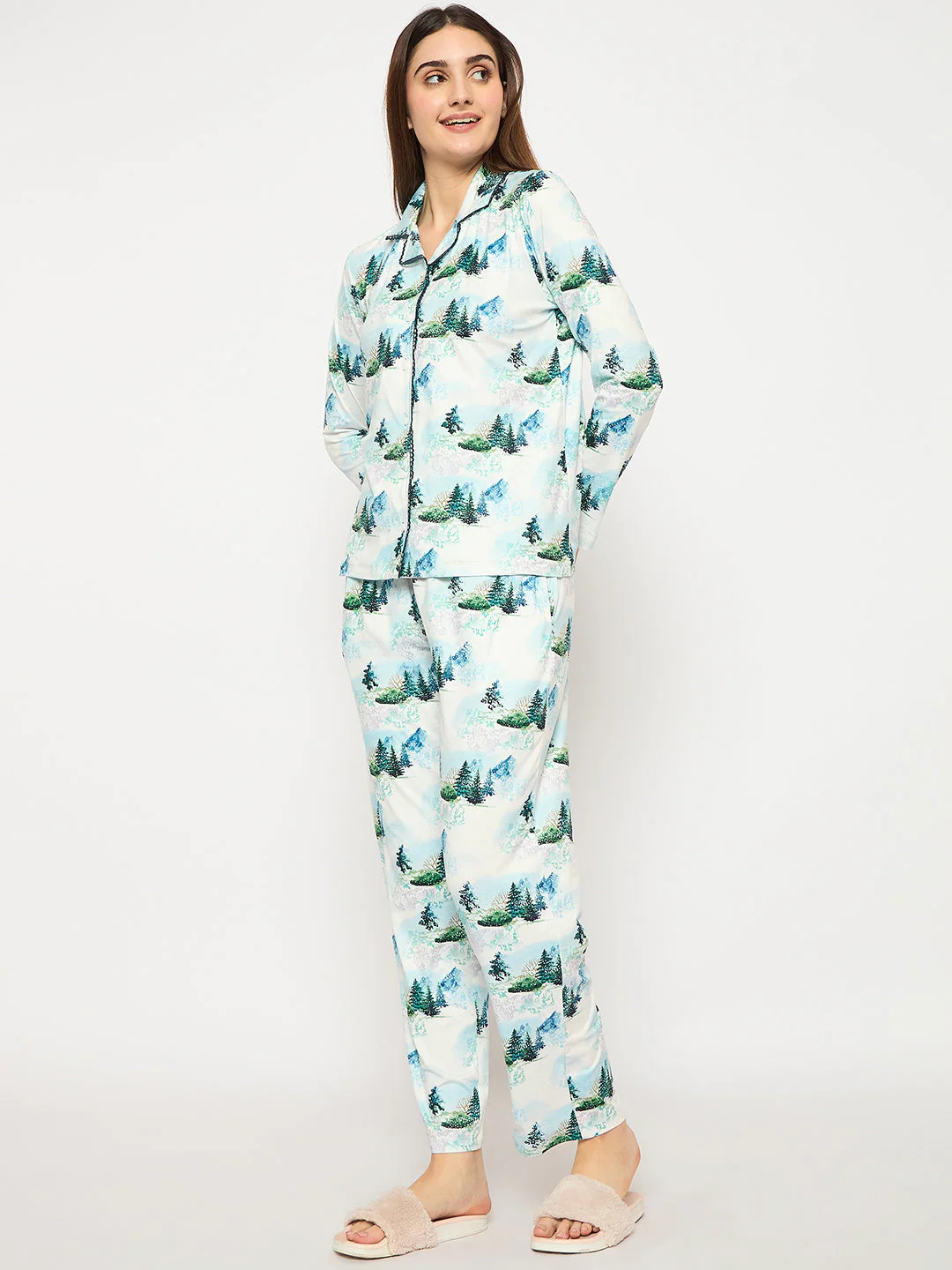 mSECRET Botanical Print Notch Lapel Top and Bottom Teal Night Suit - Image 6