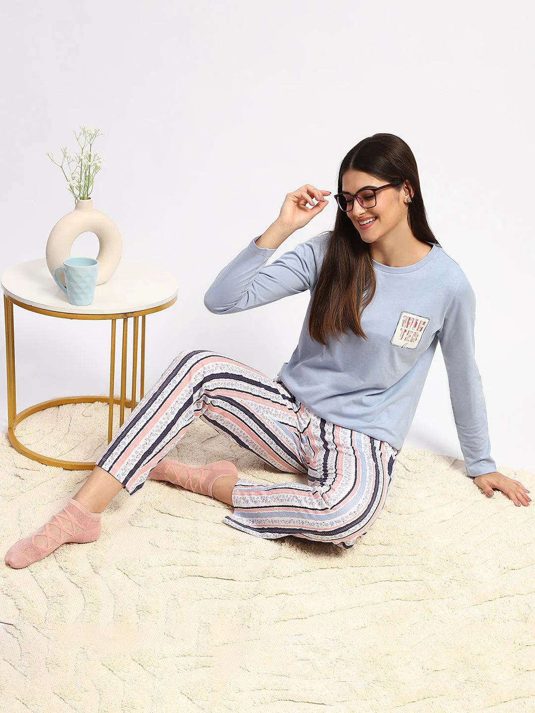 mSECRET Cotton Blue Top and Printed Bottom Nightsuit - Image 2