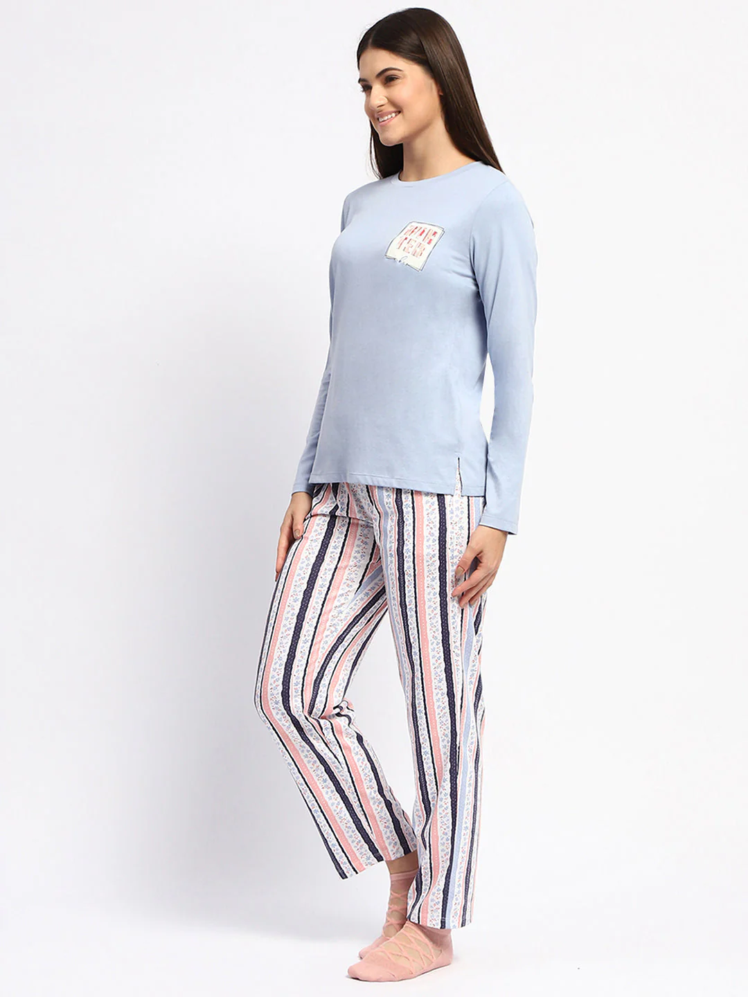 mSECRET Cotton Blue Top and Printed Bottom Nightsuit - Image 5