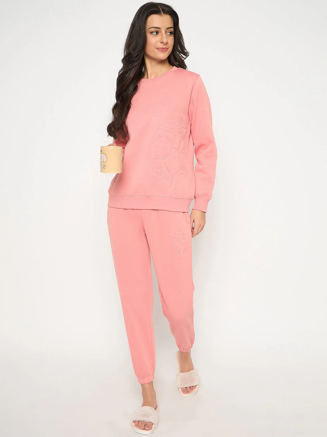 mSECRET Cotton Blend Embossed Detailed Top and Bottom Pink Night Suit - Image 2