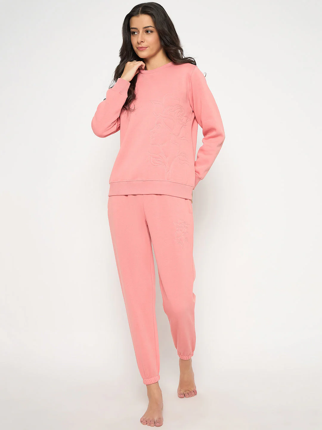 mSECRET Cotton Blend Embossed Detailed Top and Bottom Pink Night Suit - Image 3