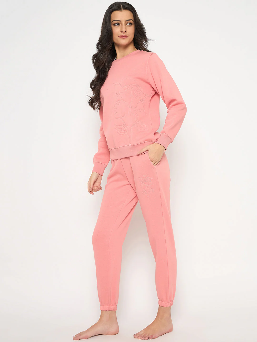 mSECRET Cotton Blend Embossed Detailed Top and Bottom Pink Night Suit - Image 5
