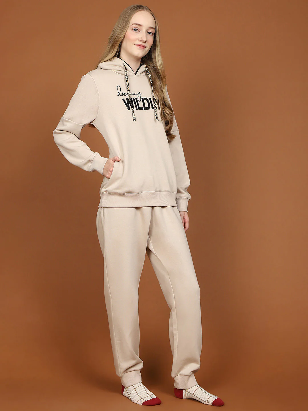 mSECRET Fleece Embroidered Beige Hooded Top and Bottom Night Suit - Image 4