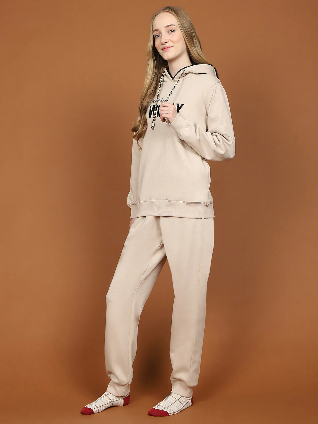 mSECRET Fleece Embroidered Beige Hooded Top and Bottom Night Suit - Image 5