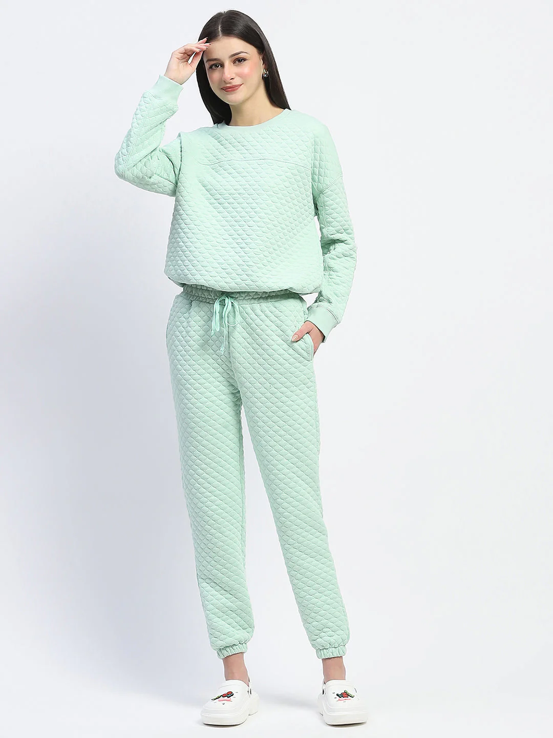 mSECRET Cotton Blend Textured Top and Bottom Green Night Suit - Image 3