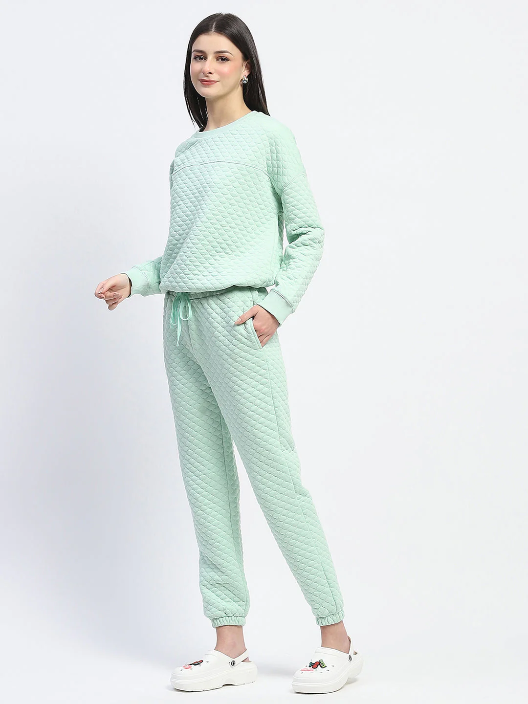 mSECRET Cotton Blend Textured Top and Bottom Green Night Suit - Image 5