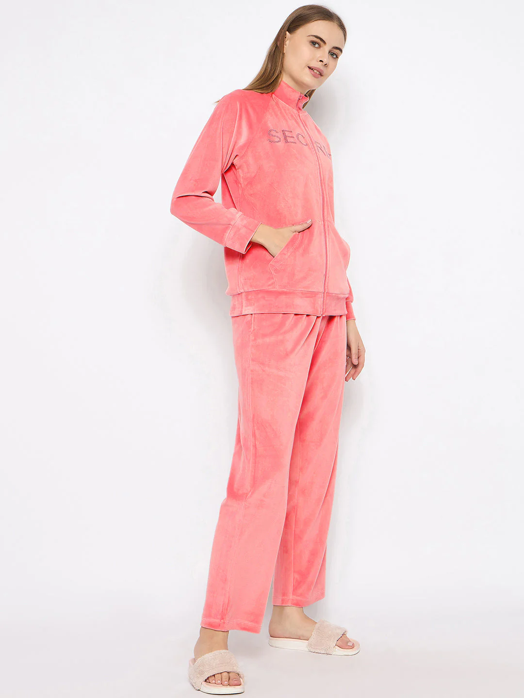 mSECRET Velour Swarovski Detailed Zipped Blush Top and Bottom Night Suit - Image 6