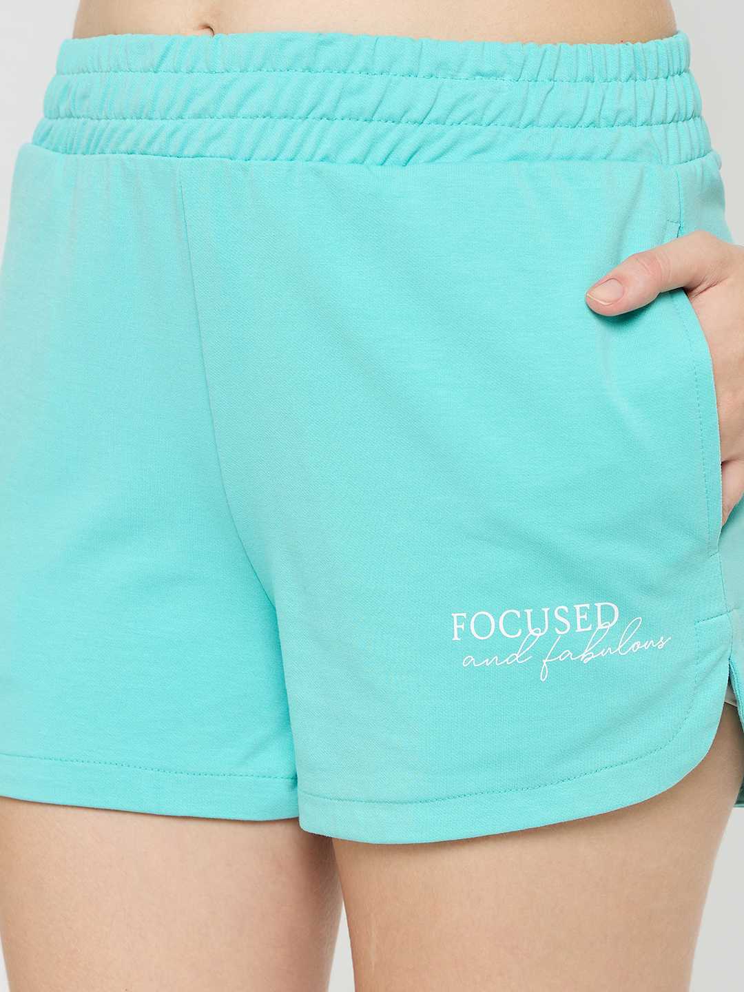 mSECRET Typography Adorned Turquoise Blue Cotton Blend Shorts - Image 6