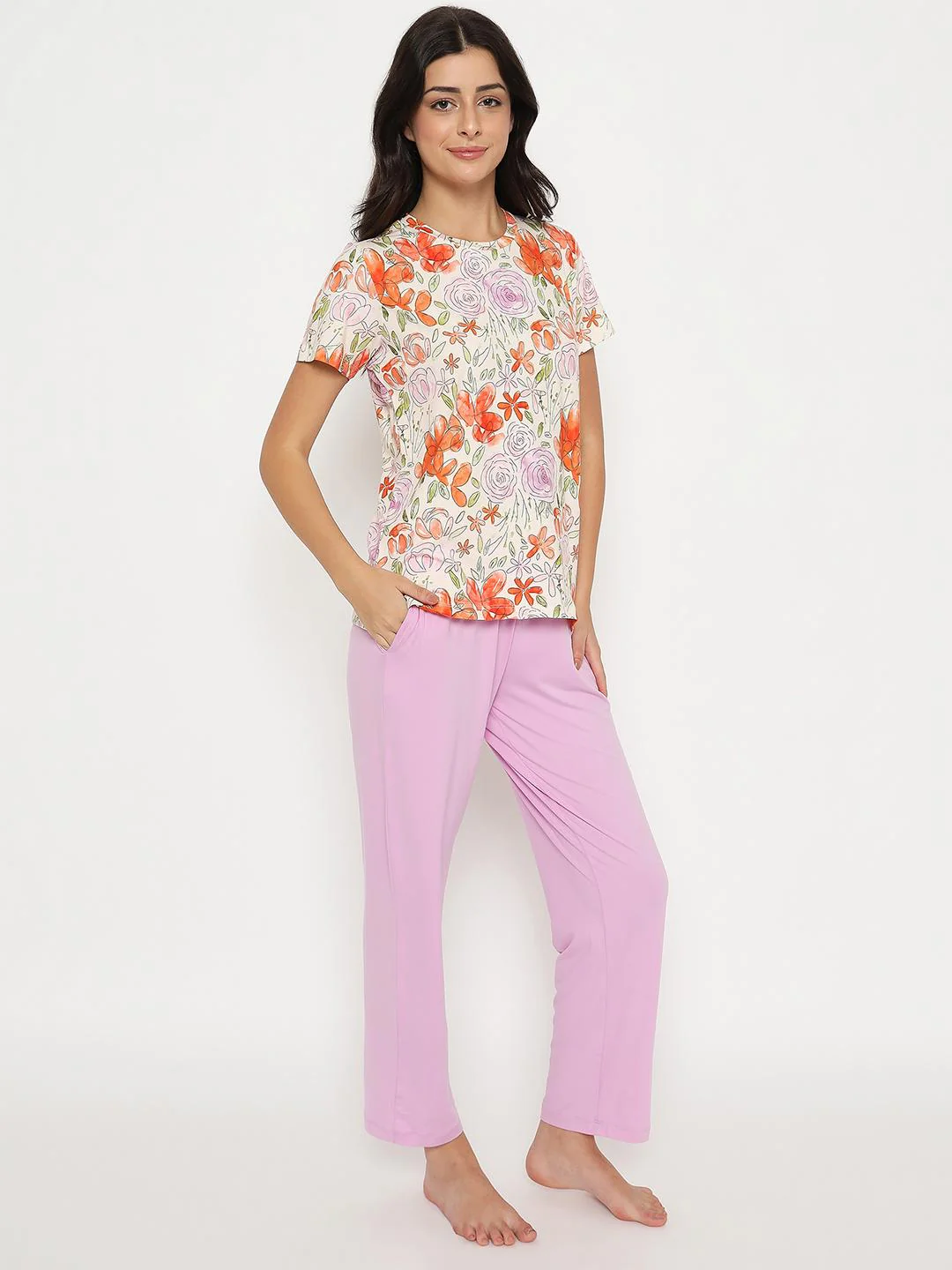 mSECRET Botanical Print Top and Solid Bottoms Lavender Night Suit - Image 4