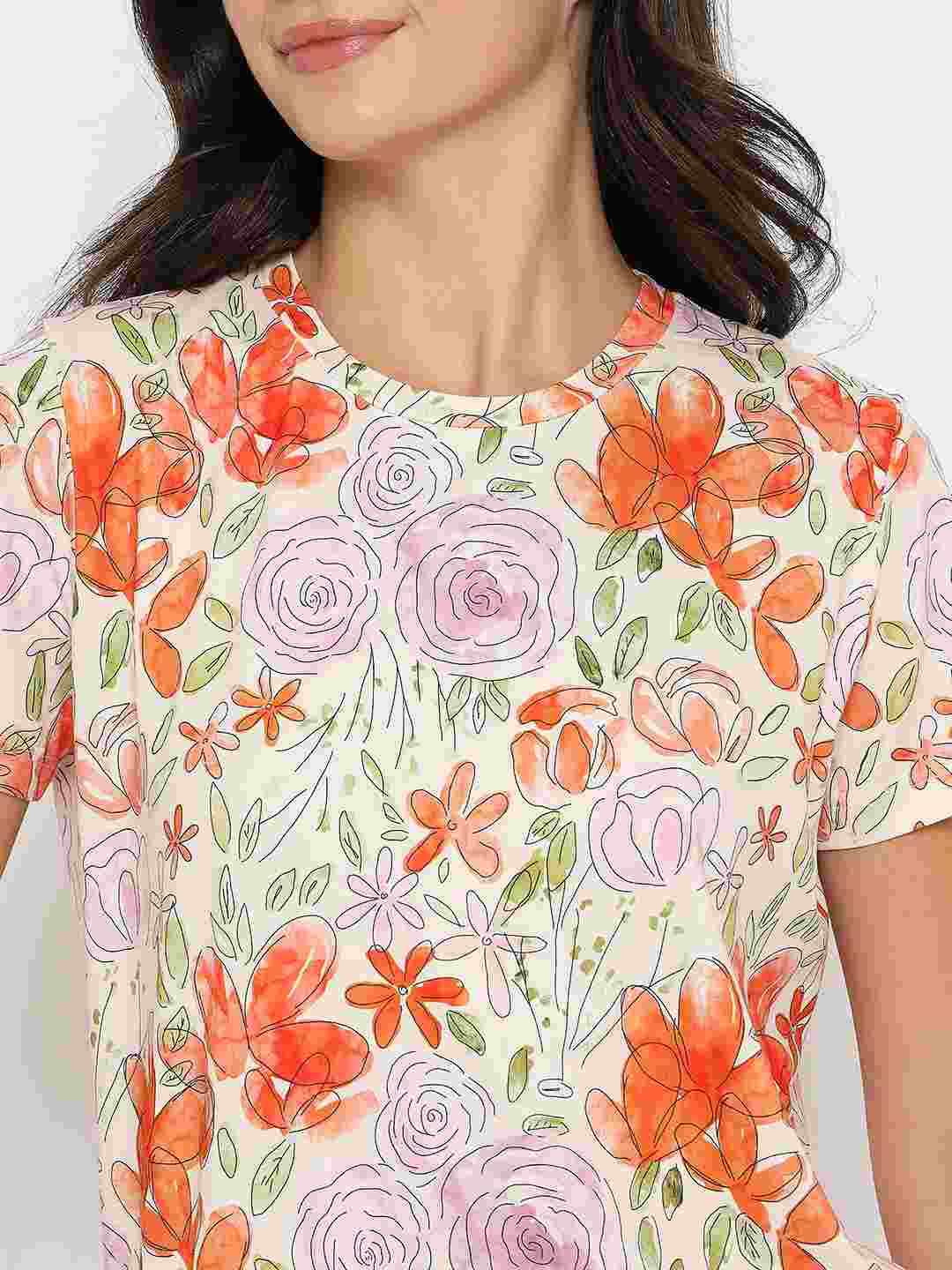 mSECRET Botanical Print Top and Solid Bottoms Lavender Night Suit - Image 8